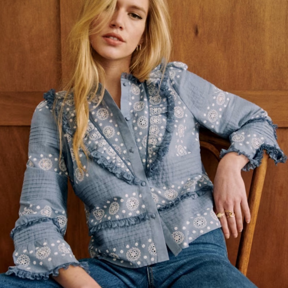 Sezane Nele Shirt Embroidered Vintage Blue And Ecru Women's Top